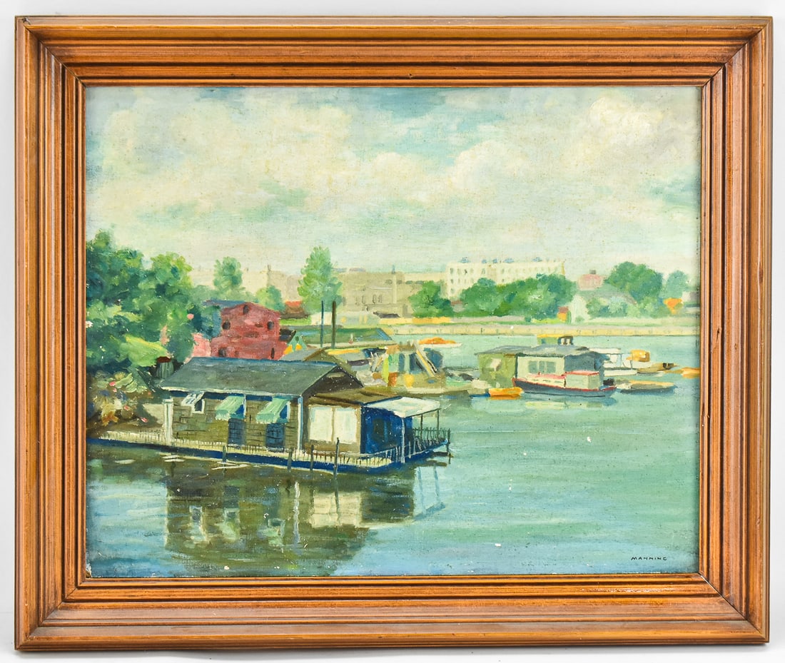 HOUSEBOAT SCENE OIL PAINTING BY MANNING: Original oil painting on canvas signed lower right by artist, Manning. Art measures 16" h x 20" w presented in a frame measuring 20" x 24".