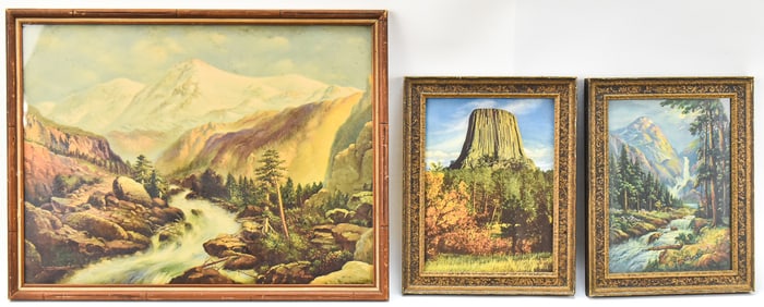 EARLY 20TH CENTURY MOUNTAIN LANDSCAPE PRINTS: W.M. THOMPSON, DERIC LUWGUY, DEVIL'S TOWER