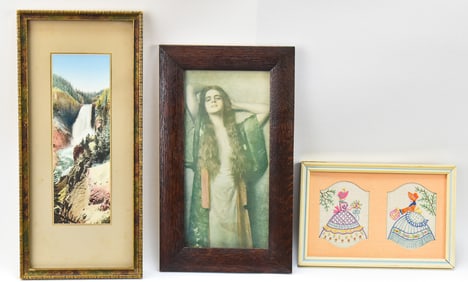 FRAMED EARLY 20TH CENTURY ART PRINTS: MAX NONNENBRUCH, FRANK JAY HAYNES, FOLK ART DUTCH CROSS STITCH