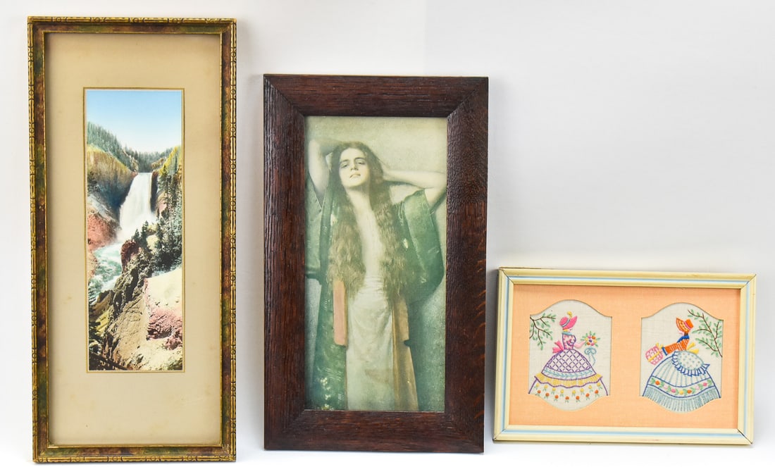 FRAMED EARLY 20TH CENTURY ART PRINTS: MAX NONNENBRUCH, FRANK JAY HAYNES, FOLK ART DUTCH CROSS STITCH: This lot includes a 1912 dated Max Nonnenbruch "The Awakening" framed print, Frank Jay Haynes "Great Falls-Yellowstone" framed print (14.5" x 6.5"), and a framed folk art cross-stitch of two Dutch gir