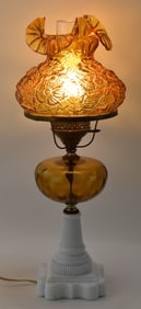 FENTON POPPY PUFF AMBER SHADE WITH MILK GLASS TABLE LAMP BASE