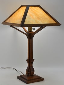 ARTS AND CRAFTS MISSION OAK CARAMEL SLAG GLASS TABLE LAMP