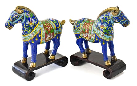 PAIR OF CLOISONNE ENAMEL & BRASS HORSE FIGURINES ON STANDS