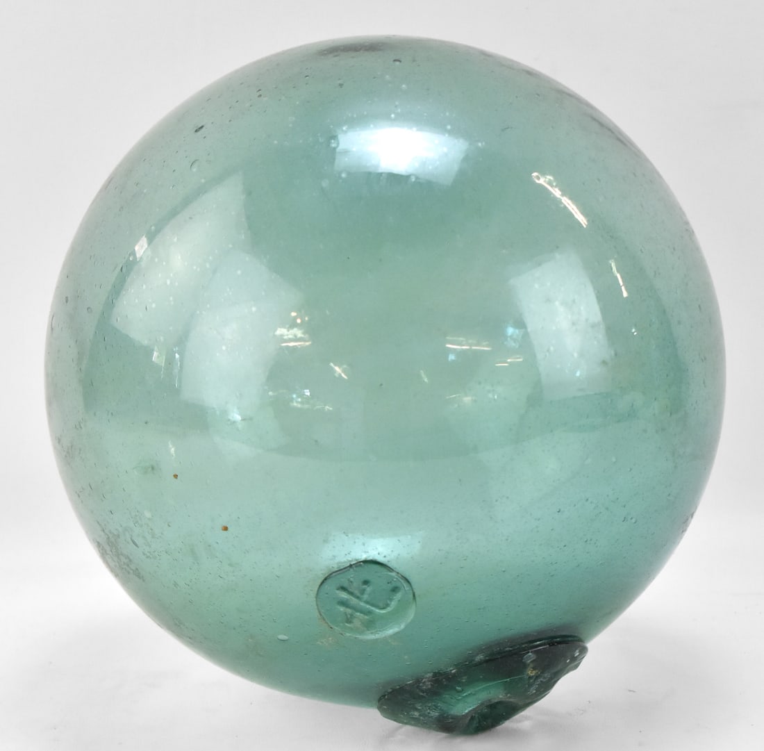 MARKED JAPANESE GREEN HAND-BLOWN GLASS FISHING FLOAT, 9.5' DIAMETER (1 of 2)