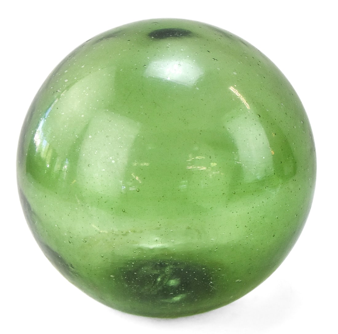 JAPANESE GREEN HAND-BLOWN GLASS FISHING FLOAT, 9.5' DIAMETER (1 of 2)