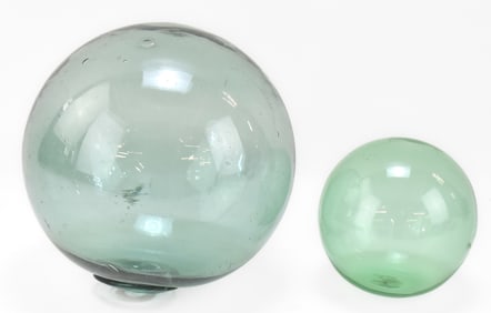 TWO VINTAGE JAPANESE HAND-BLOWN GLASS FISHING FLOATS