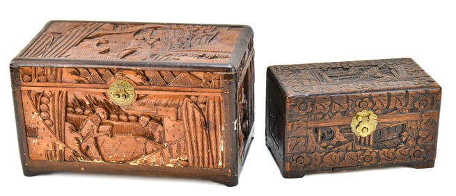 TWO CARVED CHINESE CAMPHOR BOXES