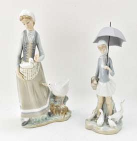 LLADRO 'GIRL WITH GOOSE' AND 'GIRL WITH UMBRELLA AND GEESE' PORCELAIN FIGURINES