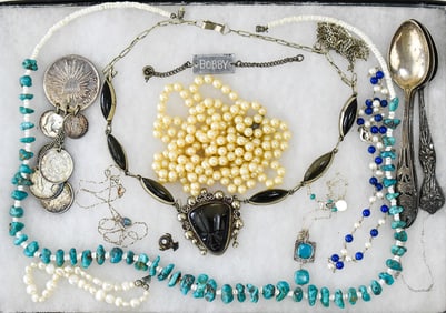 TAXCO STERLING & GOLD SHEEN OBSIDIAN NECKLACE, TURQUOISE BEADED NECKLACE & MORE