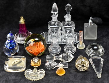 ASSORTED PATTERN GLASS PERFUME BOTTLES & PAPERWEIGHTS
