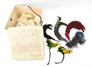 WOMEN'S DRESS/HAT ATTACHMENTS: FEATHERS, FAUX BIRDS, YOUNG'S GOWN SHOP BOX