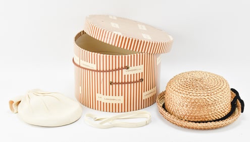 VINTAGE WOMEN'S HATS: STRAW HAT, WHITE CAP, I. IMAGIN & COMPANY HAT BOX