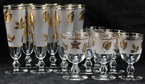 LIBBEY GILT-LEAF PATTERNED STEMWARE: SIX GOBLETS AND SIX TRUMPET GLASSES