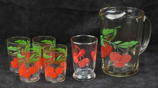 ANCHOR HOCKING TOMATO GLASS DRINKWARE SET: PITCHER, TUMBLERS, AND CHERRY STEM PATTERNED JUICE GLASS