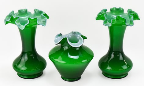 VINTAGE FENTON IVY GREEN OVERLAY RUFFLE GLASS VASES