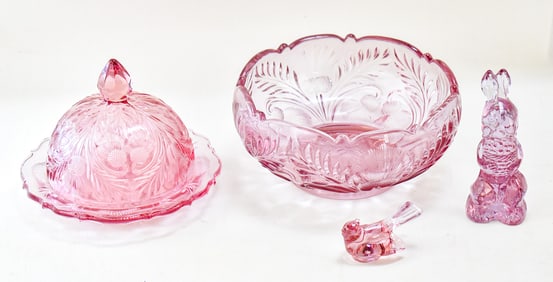 MOSSER GLASS INVERTED THISTLE LIGHT ROSE COVERED BUTTER DISH & MORE