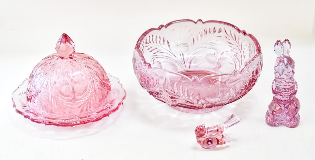 MOSSER GLASS INVERTED THISTLE LIGHT ROSE COVERED BUTTER DISH & MORE (1 of 3)