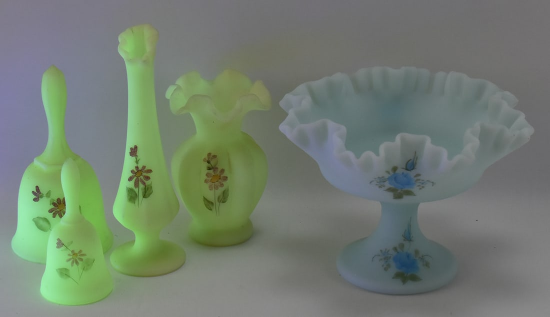 COLLECTION OF HAND-PAINTED PAINTED FENTON BLUE & URANIUM CUSTARD SATIN GLASS (1 of 5)