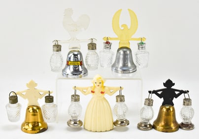 FIVE VINTAGE SOUVENIR BELL-FORM SALT & PEPPER SHAKERS: D' ART CRAFTSMAN AND MORE