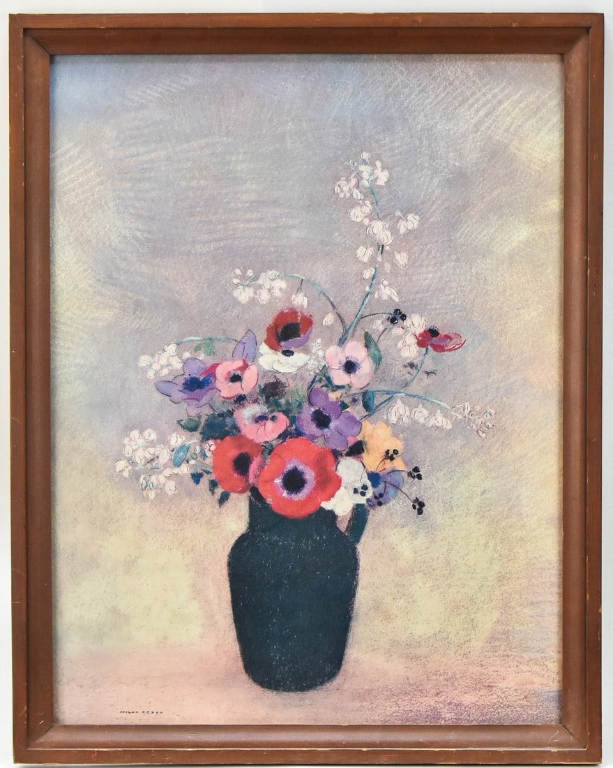 ODILON REDON 'LARGE GREEN VASE WITH MIXED FLOWERS' LITHOGRAPH: Lithographic print "Large Green Vase with Mixed Flowers" by listed artist, Odilon Redon (FR, 1840 - 1916), signed in print lower left. Art measures 21.5" h x 16.5" w presented in a frame measuring 24.