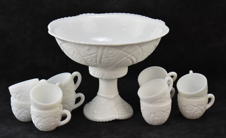 MCKEE CONCORD PATTERN MILK GLASS PUNCH BOWL, CUPS, & COMPOTE