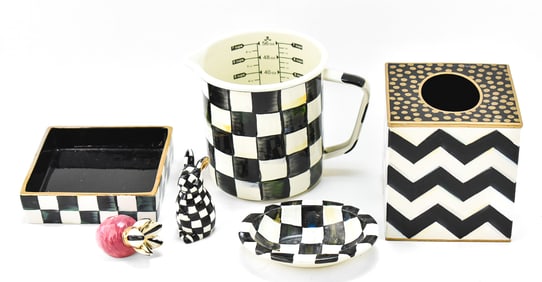 ASSORTED MACKENZIE-CHILDS DECORATIVE ITEMS: TISSUE BOX, SOAP DISH, SALT AND PEPPER SHAKERS