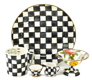 MACKENZIE-CHILDS DECORATIVE ITEMS: FLOWER MARKET COMPOTE, SERVING PLATTER, MEASURING CUP, AND MORE
