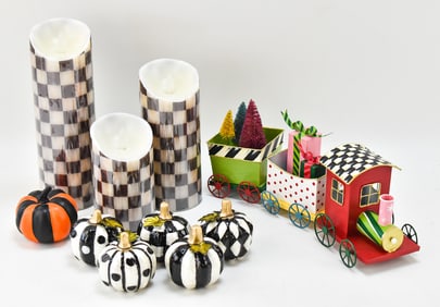 MACKENZIE-CHILDS HOLIDAY ASSORTMENT: PUMPKINS, FAUX CANDLES, CHRISTMAS TRAIN