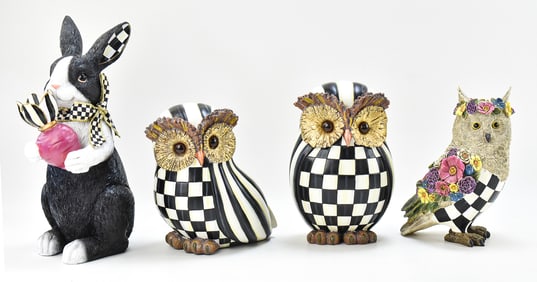 MACKENZIE-CHILDS DECORATIVE ITEMS: FLOWER MARKET OWL, RADISH RABBIT, COURTLY STRIPE OWLS