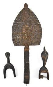 ASSORTED AFRICAN INDIGENOUS ART: GABONESE RELIQUARY, COTE D'IVOIRE HEDDLE PULLEY, AND SENUFO SLING