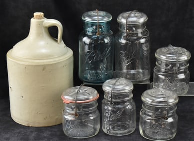 CASA FOR CHILDREN CHARITY LOT- COLLECTION of SIX ANTIQUE BALL JARS & A CROCK JUG
