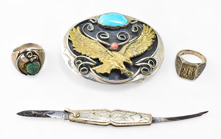 ASSORTED VINTAGE MENS BUCKLE, RINGS, & WATCH FOB KNIFE