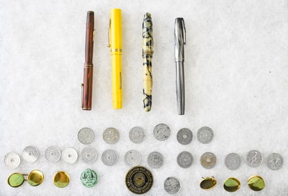 ASSORTED FOUNTAIN PENS , TAX TOKENS, & MORE