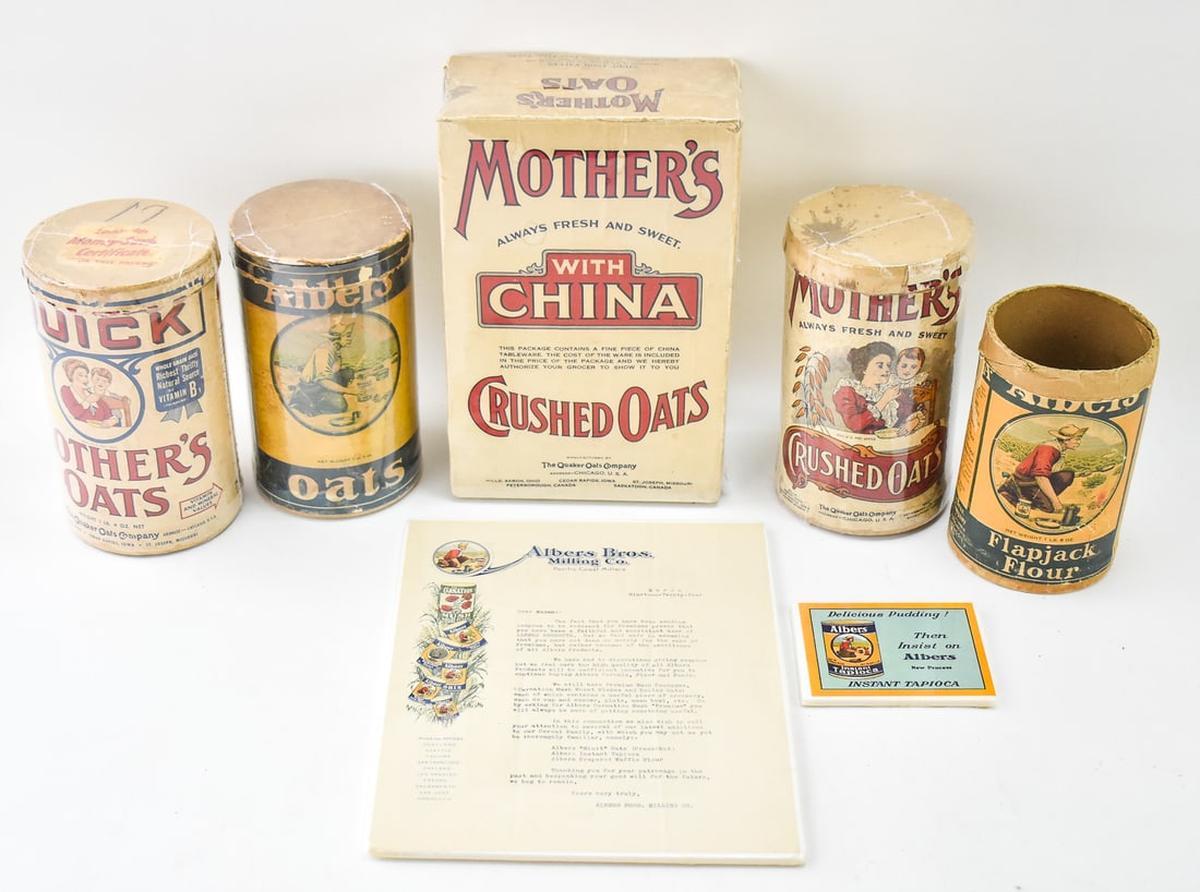 COLLECTION OF QUAKER OATS & ALBERS CONTAINERS AND EPHEMERA: Collection of early 1900s Quaker Oats and Albers Bros Milling Company oats and flour canisters and box. Also includes a Albers paper label and company letter dated March 1924. Total dimensions of item
