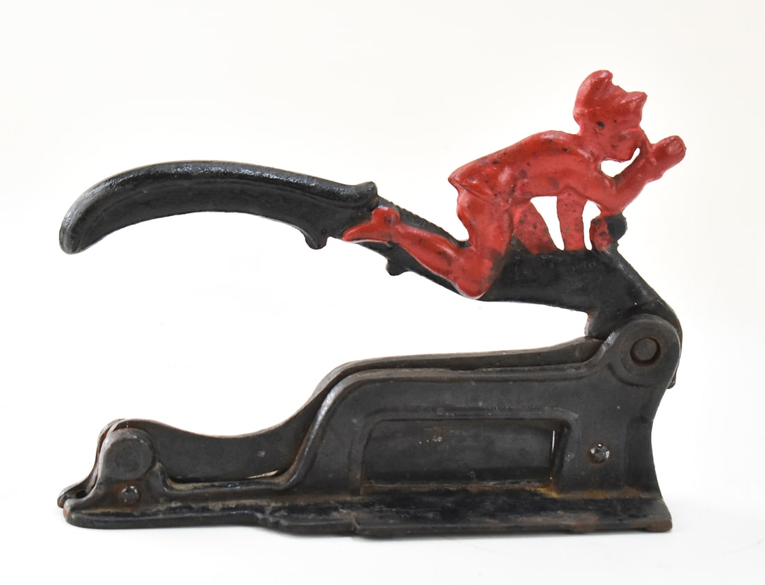 BRIGHTON NO. 3 CAST IRON TOBACCO CUTTER: A Brighton No. 3 "Elf" cast iron tobacco cutter measuring 7" H x 10" W x 3" D.