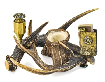 HAND-CRAFTED ANTLER DESK SMOKING SET, EARLY 20TH CENTURY