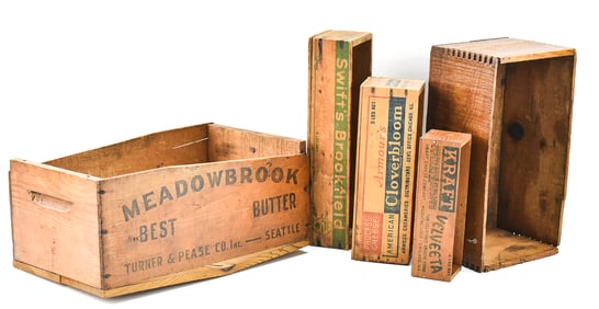FIVE WOODEN CHEESE & BUTTER ADVERTISING BOXES