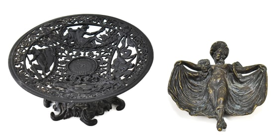 CAST IRON GREEK MOTIF PEDESTAL COMPOTE & ART NOUVEAU TRINKET TRAY