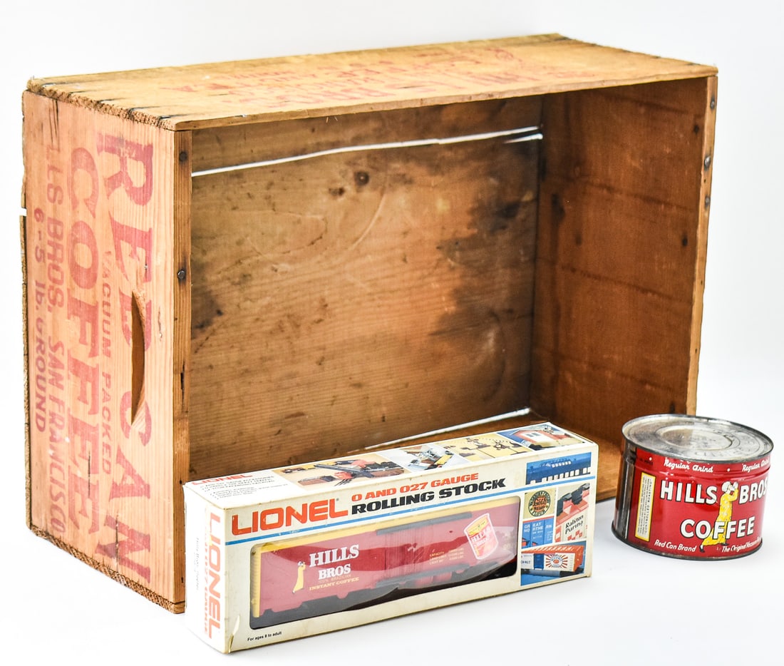 COLLECTION OF HILLS BROS COFFEE ADVERTISING ITEMS: Includes a Hills' Bros wooden crate, a Lionel Train O and O27 gauge Rolling Stock Hills Bros Reefer car in original box, and a unopened can of Hills Bros Regular Grind coffee. Total size of items meas