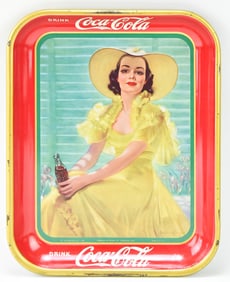 1938 AMERICAN ARTWORKS COCA-COLA 'GIRL AT SHADE' SODA TRAY AND 'QUALITY CARRIES ON' HAND FAN