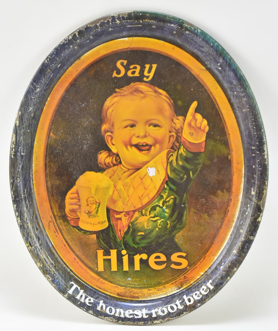 VINTAGE HIRES ROOT BEER OVAL TIN TRAY: Vintage Hires root beer oval tin tray with young child image. Measures 17.5" H x 13.5" W x 1" D.