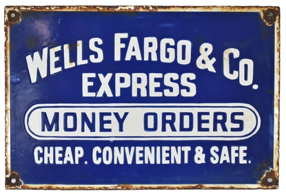WELLS-FARGO & COMPANY EXPRESS MONEY ORDER PORCELAIN ENAMEL SIGN