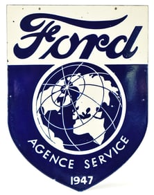 FORD AGENCE SERVICE BLUE ENAMEL SHIELD-FORM SIGN DATED 1947