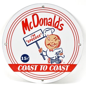 VINTAGE McDONALD'S 'I'M SPEEDEE' COAST TO COAST PORCELAIN SIGN