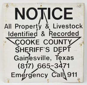 VINTAGE COOKE COUNTY, TEXAS TIN LIVESTOCK AND PROPERTY THEFT PREVENTION SIGN