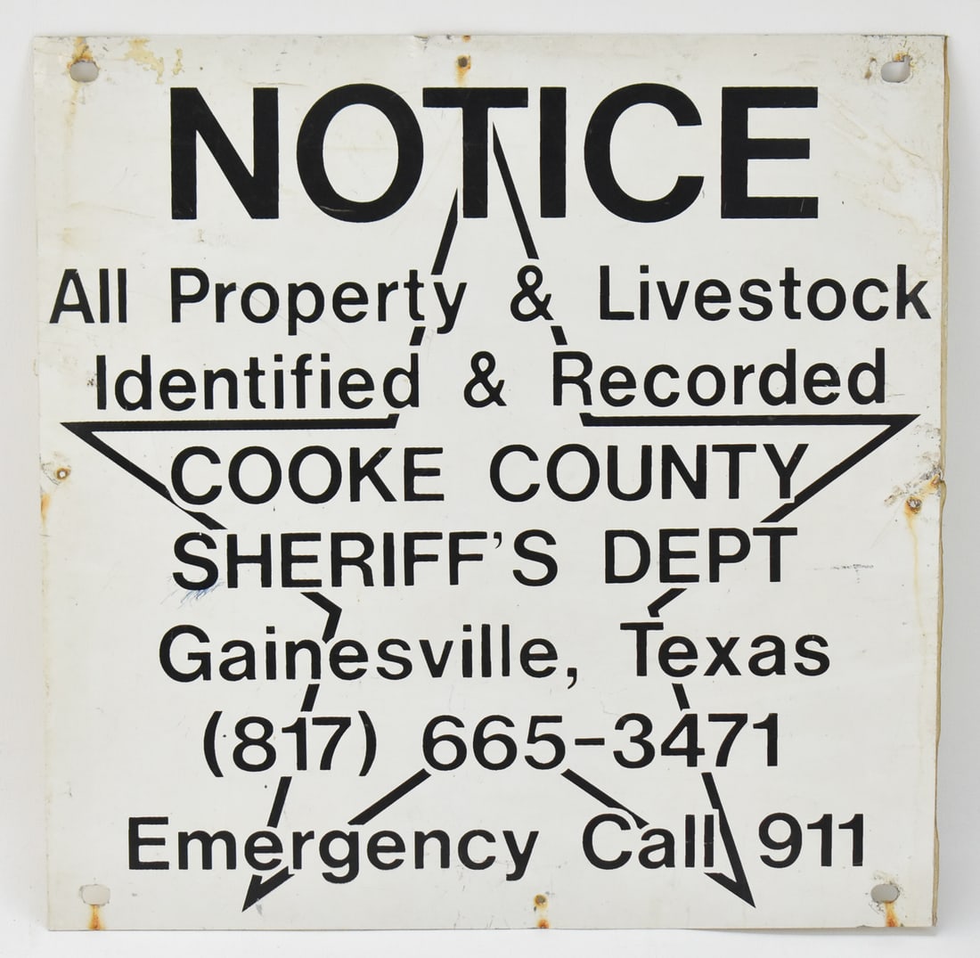 VINTAGE COOKE COUNTY, TEXAS TIN LIVESTOCK AND PROPERTY THEFT PREVENTION SIGN: Cooke County - Gainesville, Texas tin livestock and property theft prevention sign, circa late 20th century. Measures 12" H x 12" W.