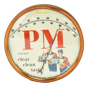 1950s P.M. WHISKEY 'CLEAR CLEAN TASTE' WALL THERMOMETER
