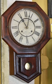 ANTIQUE MAHOGANY CASED AMERICAN OFFICE WALL CLOCK