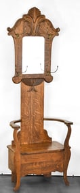 VICTORIAN OAK HALL TREE WITH MIRROR AND SEAT