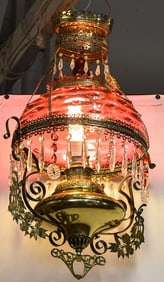 VICTORIAN BRASS & CRANBERRY HOBNAIL GLASS HANGING PARLOR LAMP
